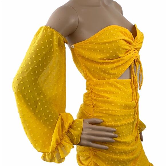 New House of Chic Yellow  Off The Shoulder Lantern Sleeve Cutout Bodycon Dress S - Picture 5 of 9